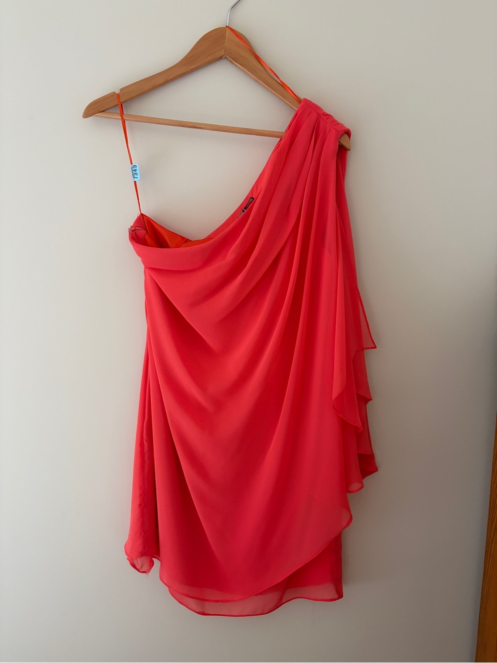 JS Boutique One-Shoulder Coral Dress with Draped Overlay